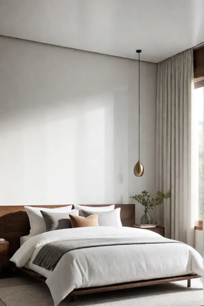 A serene minimalist bedroom with neutral colors and natural light
