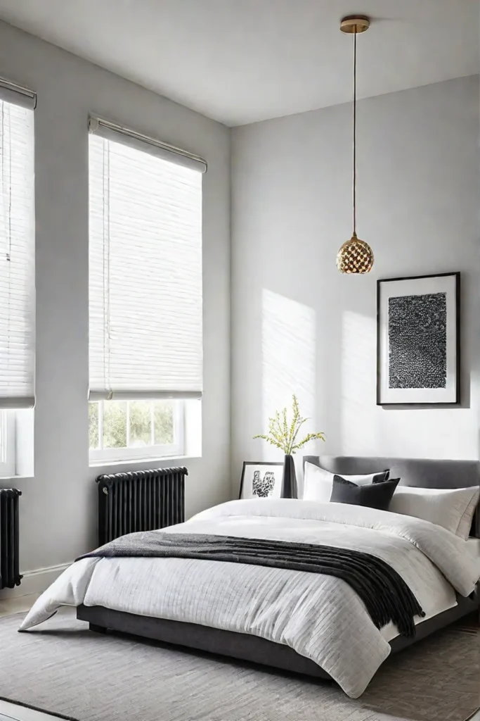 Bedroom with pendant light and sunlight patterns