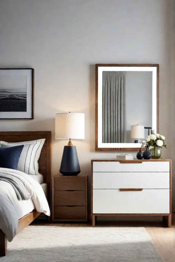 Bedroom with woodframed mirror and cylindrical bedside lamps