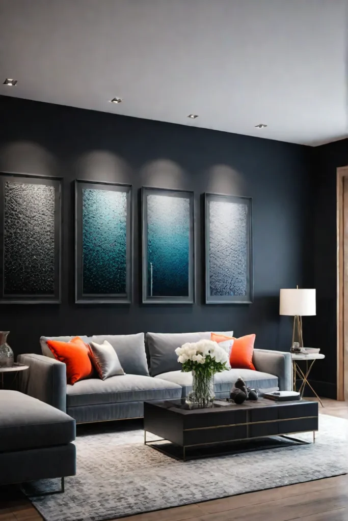 Black accent wall with colorful artwork in a modern living room
