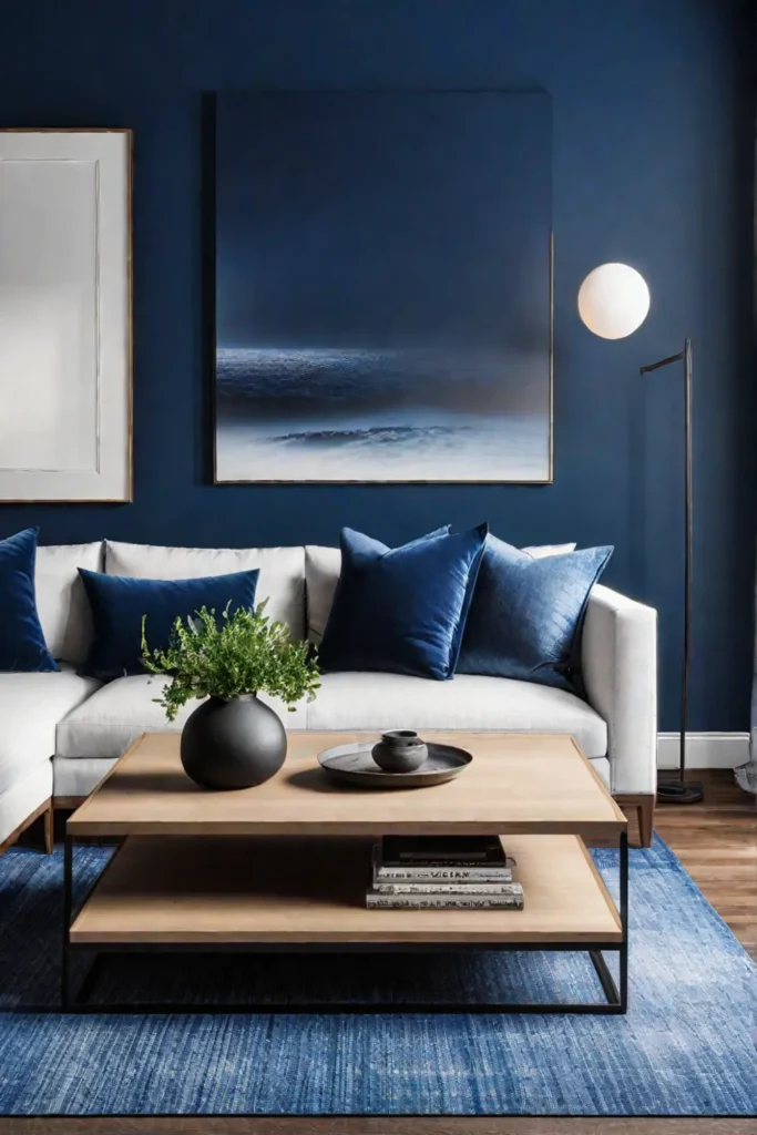 Blue accent wall in a living room with contrasting furniture