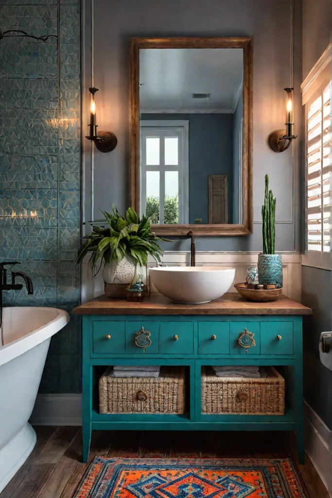 Bohemian bathroom with repurposed vanity and colorful tiles