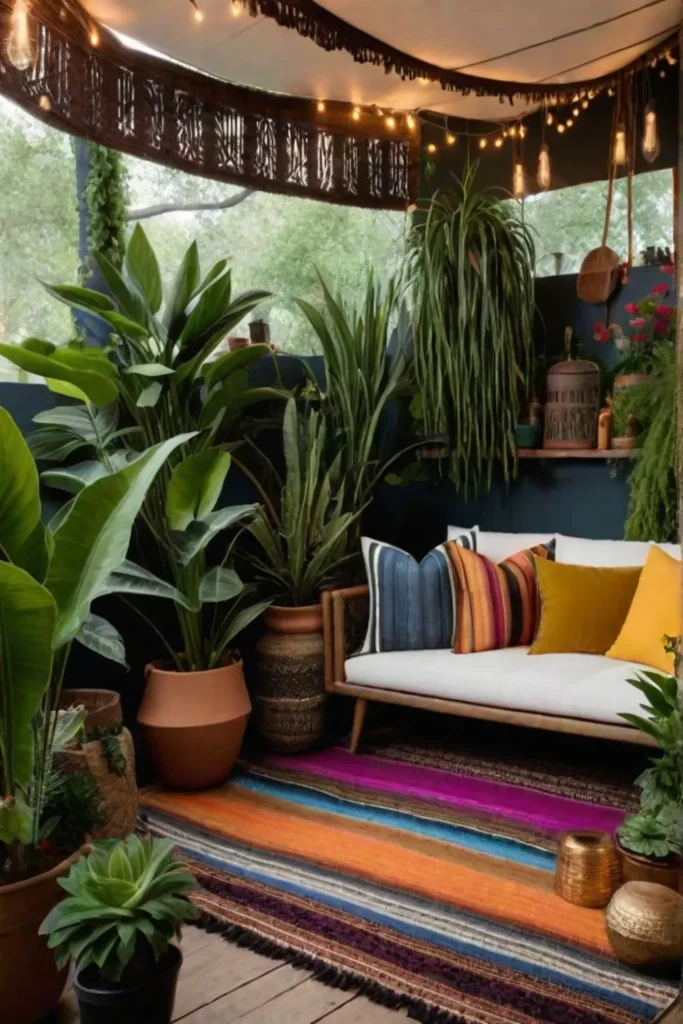 Bohemian living room with plants and handwoven rug
