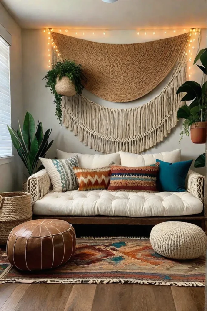 Bohemian small living room with woven textures and warm lighting
