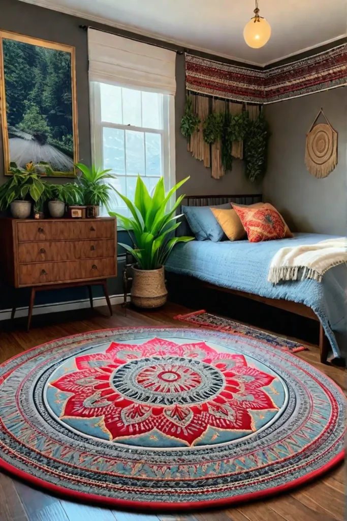 Bohemianstyle small bedroom with vibrant colors and textures
