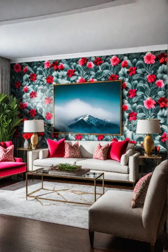 Bold floral pattern with velvet furniture and metallic accents