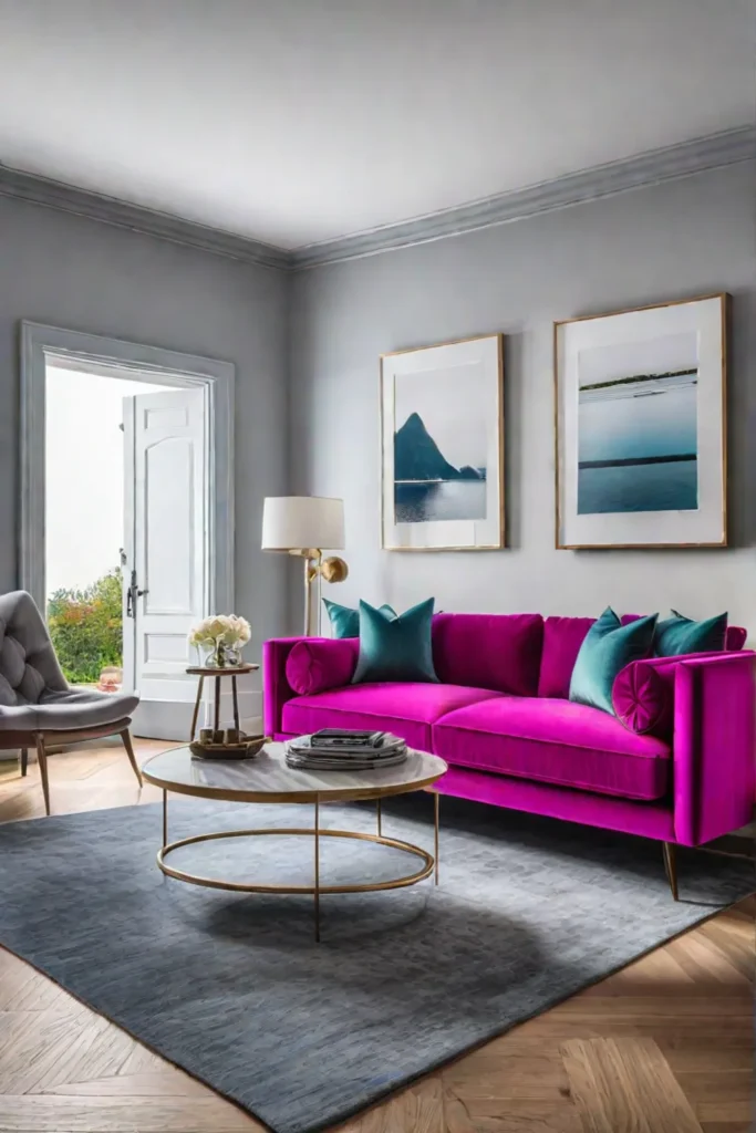 Bold fuchsia sofa as a focal point in a balanced living room