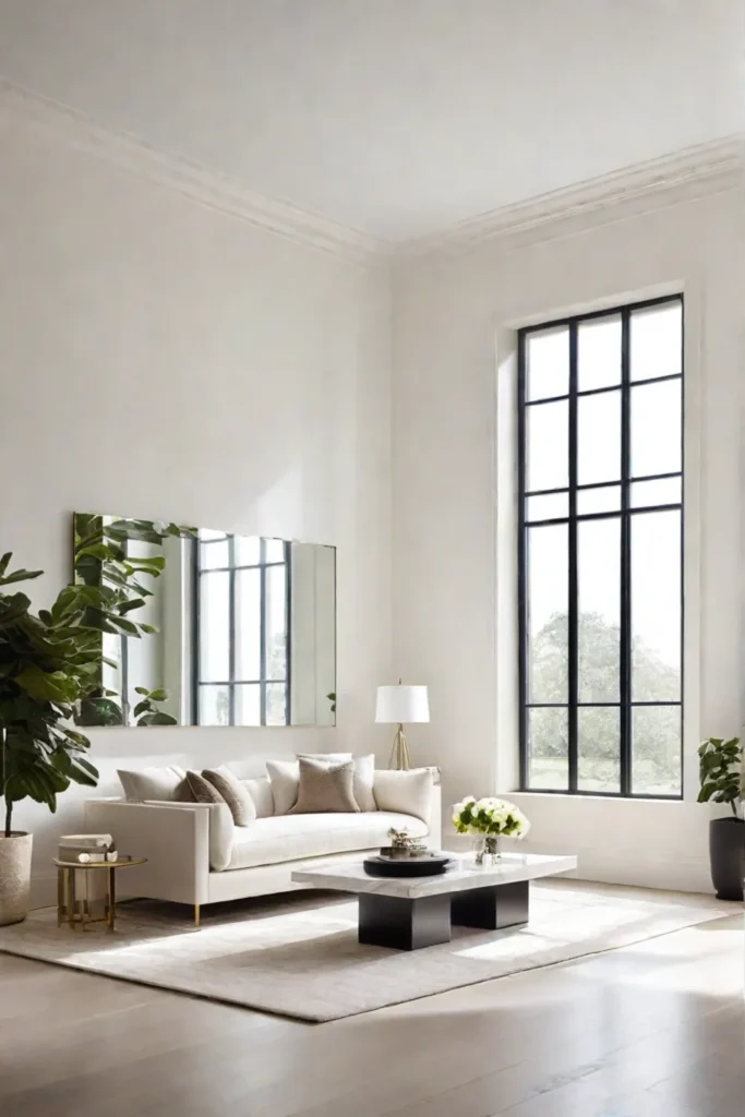 Bright and airy living room with white furniture and large windows