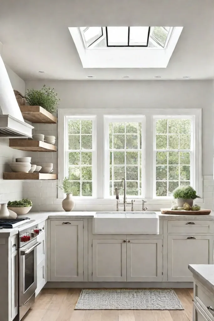 Bright farmhouse kitchen with white cream and gray