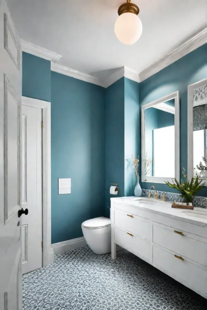 Calming bathroom with light blue vanity and patterned tile