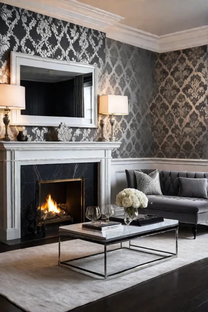 Classic damask wallpaper in a modern living room