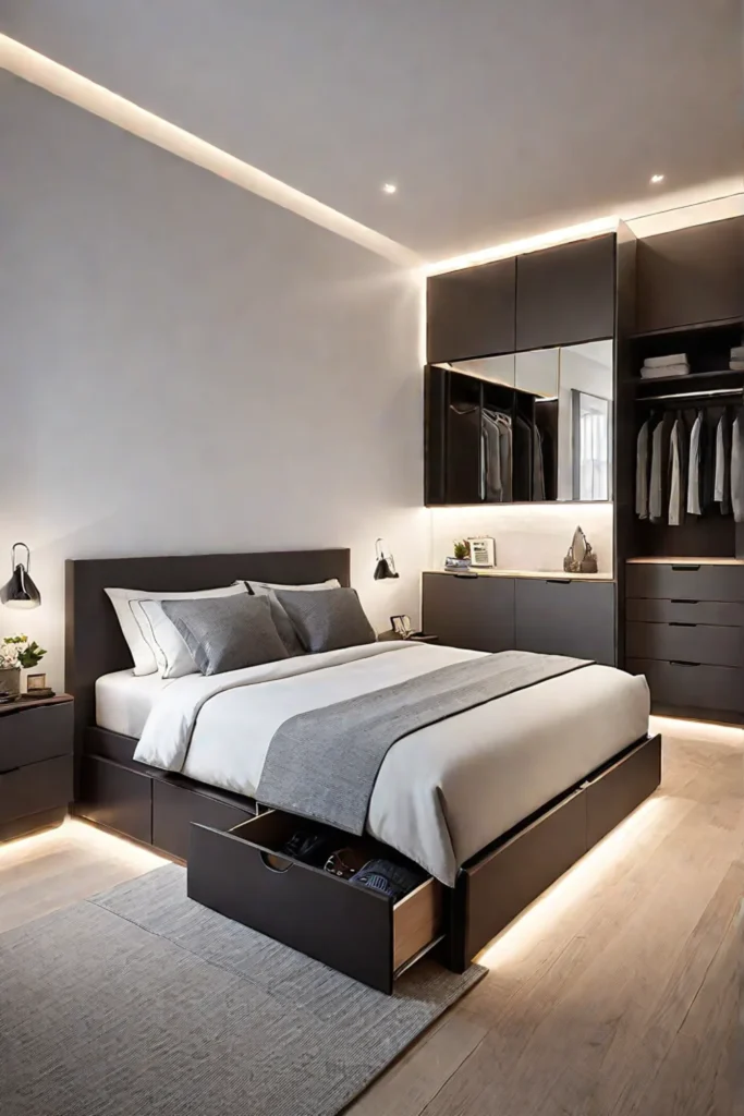 Clutterfree bedroom with spacesaving solutions