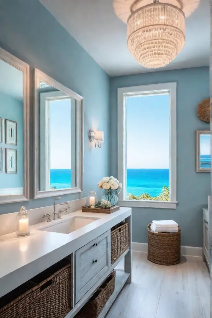 Coastal bathroom with whitewashed vanity and ocean view
