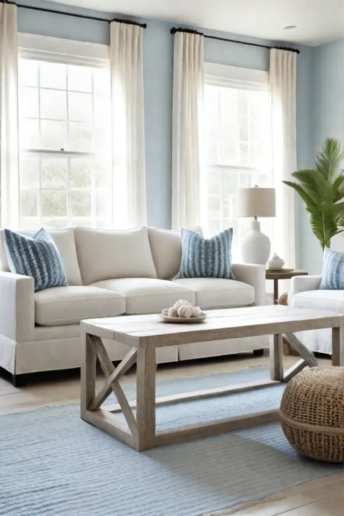 Coastal living room with calming blues and sandy beige