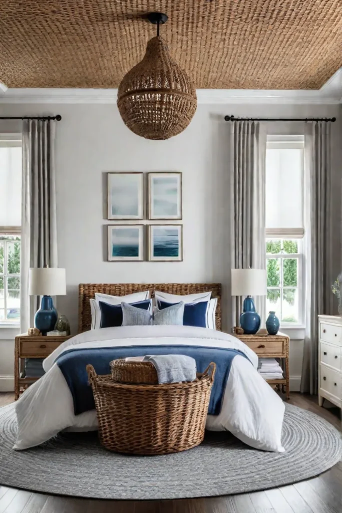 Coastal small bedroom with whitewashed dresser and wicker baskets