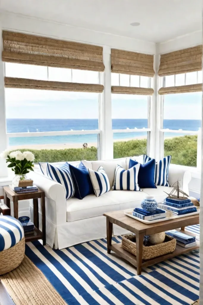 Coastal small living room with ocean views and nautical accents