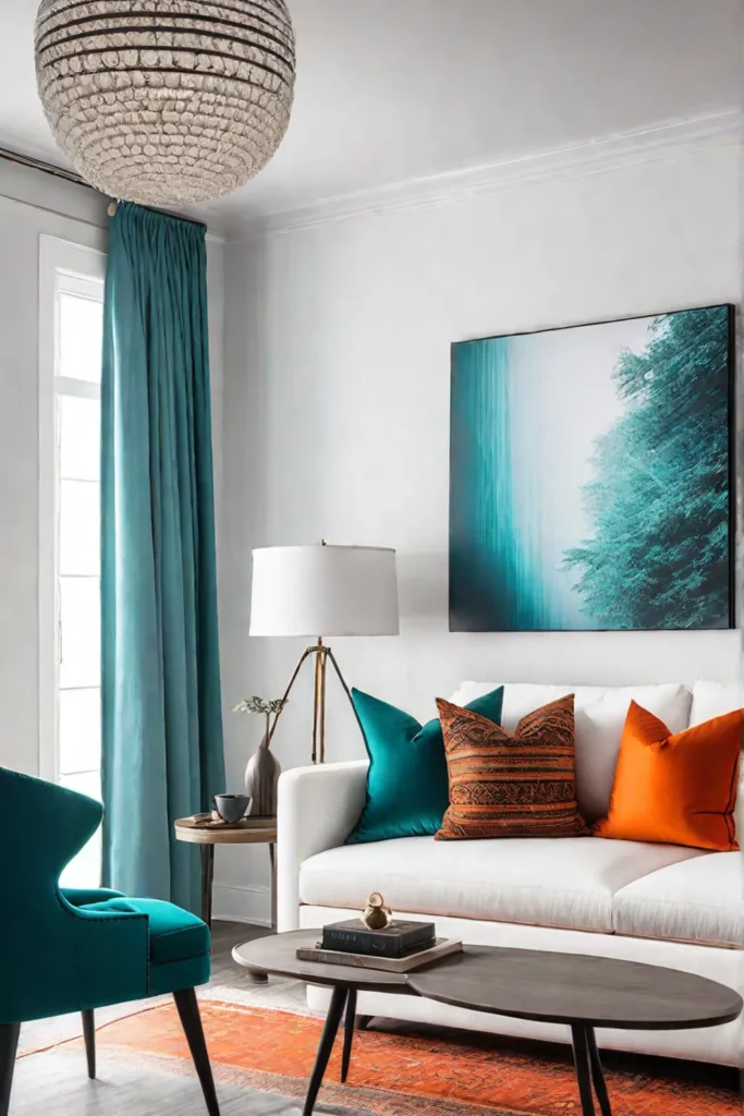 Complementary color scheme of teal and orange with textured pillows