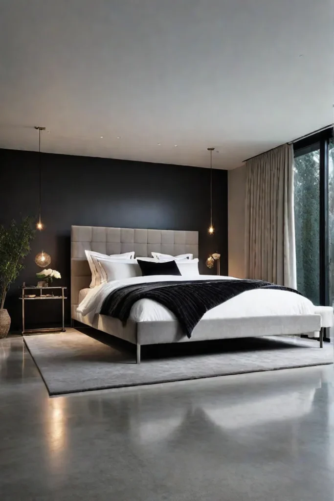 Contrasting textures of concrete wool and velvet in a bedroom