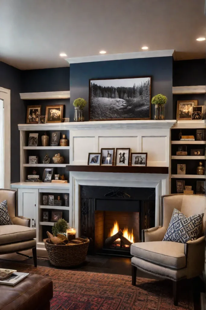 Cozy fireplace scene with family photos and warm ambiance