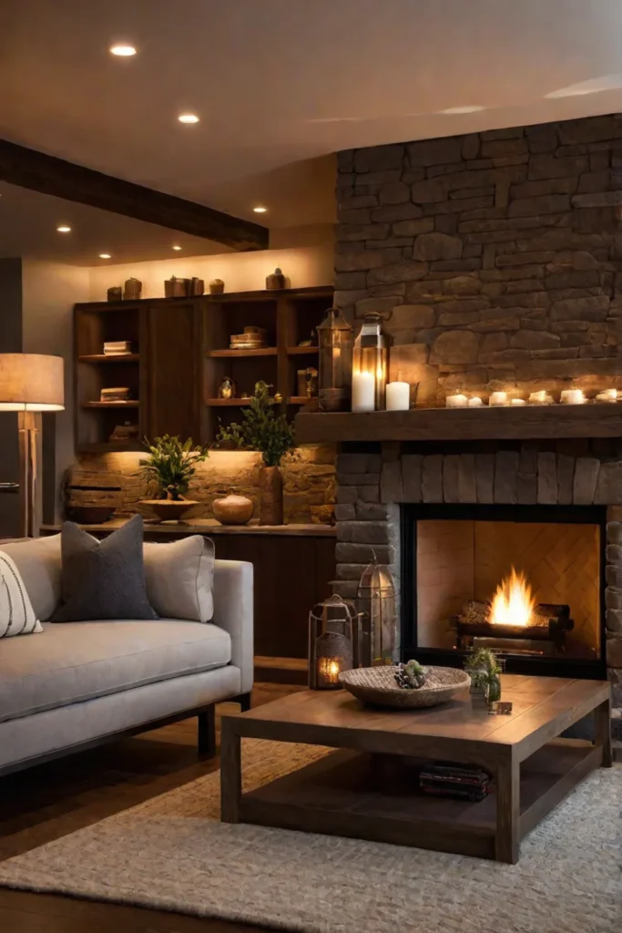 Cozy living room with fireplace and warm earth tones