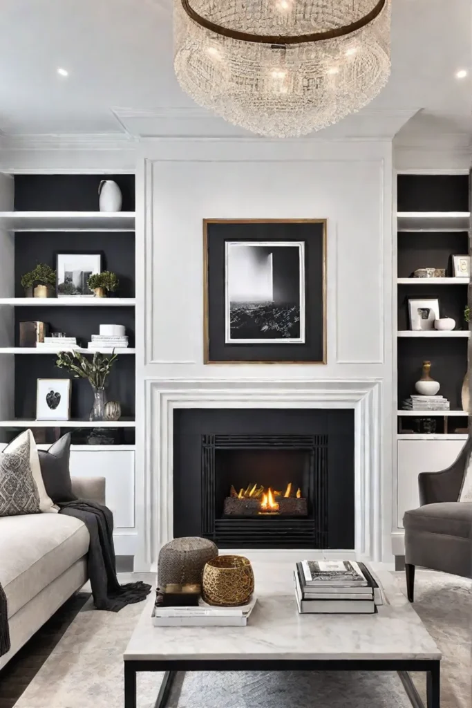 Cozy living room with fireplace as focal point and ample seating 1