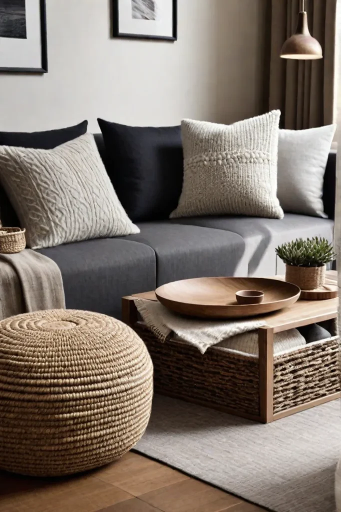 Cozy space with plush cushions and woven elements