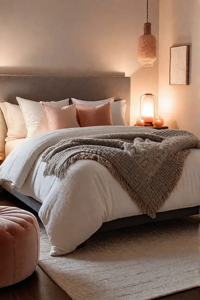 Creating a serene and inviting atmosphere in a minimalist bedroom with lighting and textures