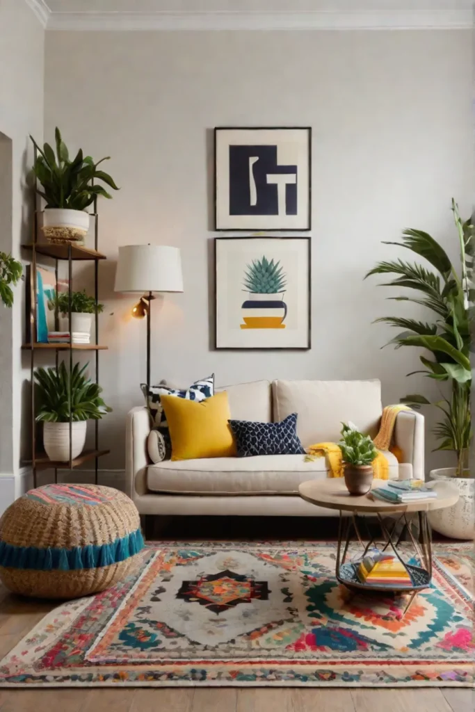 Eclectic small living room with colorful accents and playful decor