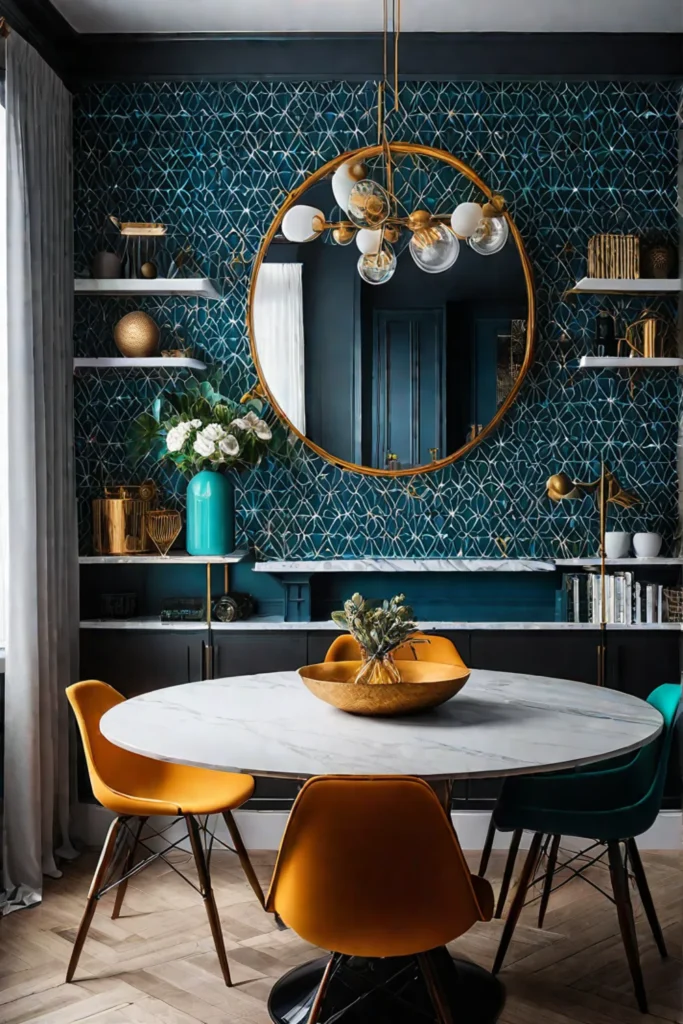 Eclectic space with a colorful wallpaper accent wall