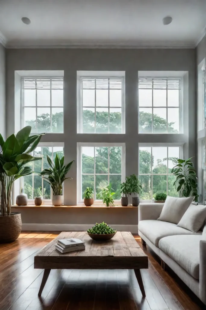 Ecofriendly living room design with natural light and greenery