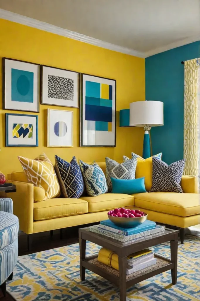 Energetic living space with a mix of patterns and colors