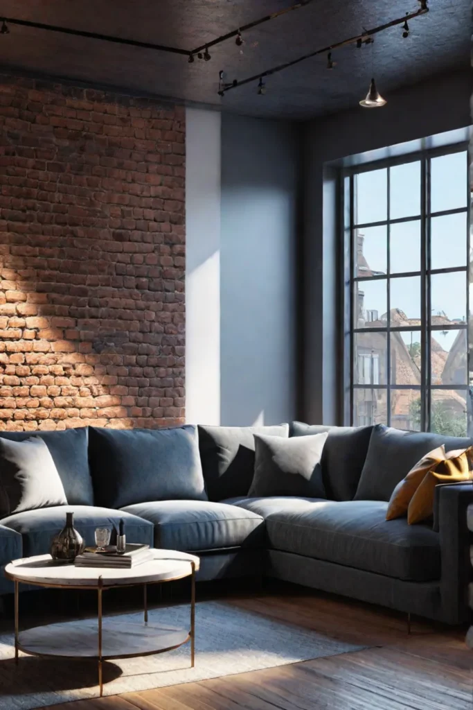 Exposed brick accent wall in a living room with architectural features