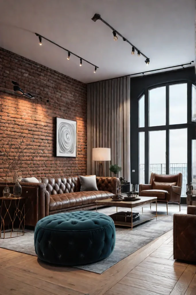 Exposed brick accent wall in industrial living room