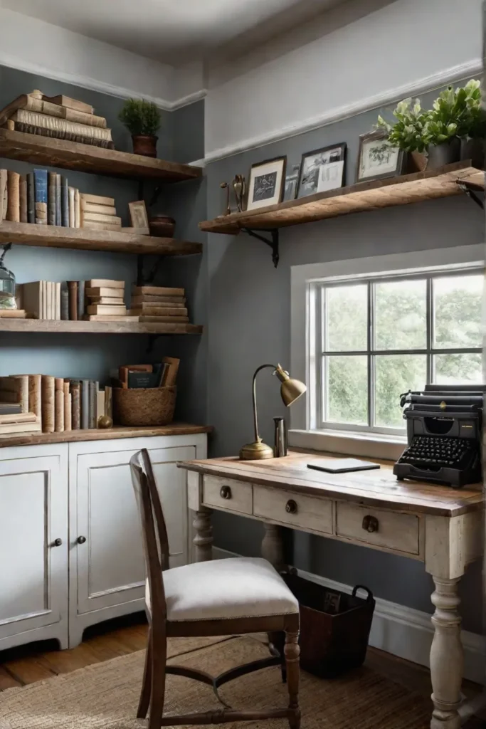 Farmhouse home office with distressed wood desk and open shelving