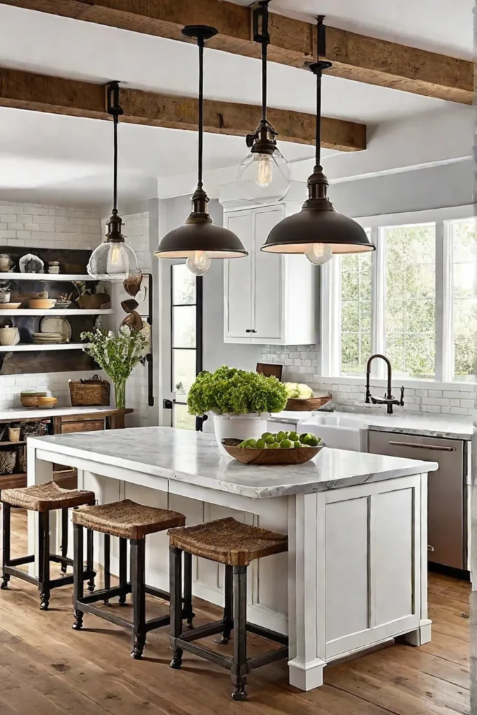 Farmhouse kitchen island with industrial lighting