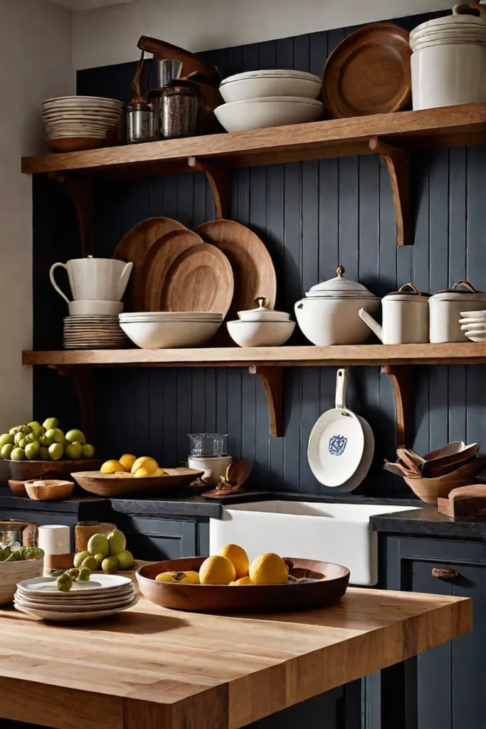 Farmhouse kitchen with butcher block island and open shelving