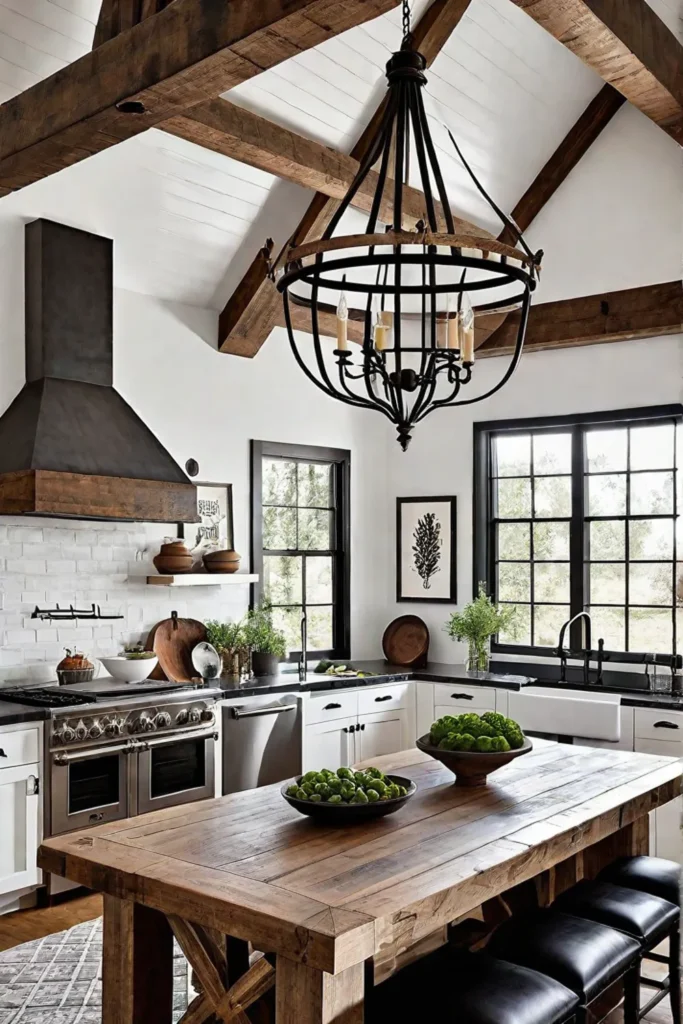 Farmhouse kitchen with iron chandelier