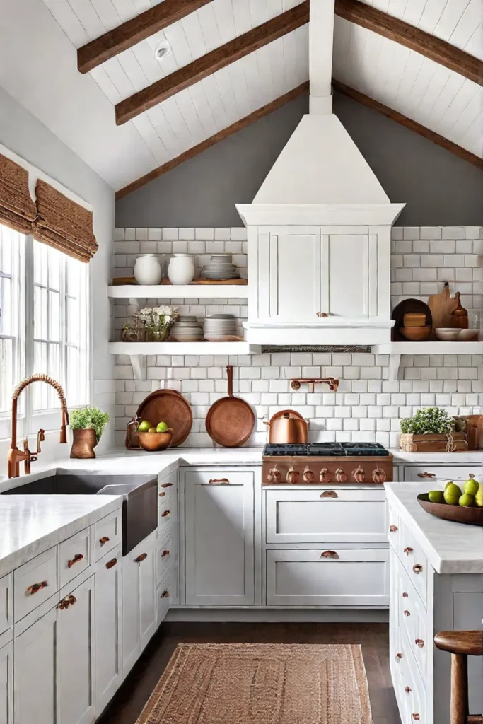 Farmhouse kitchen with vaulted ceiling and exposed beams