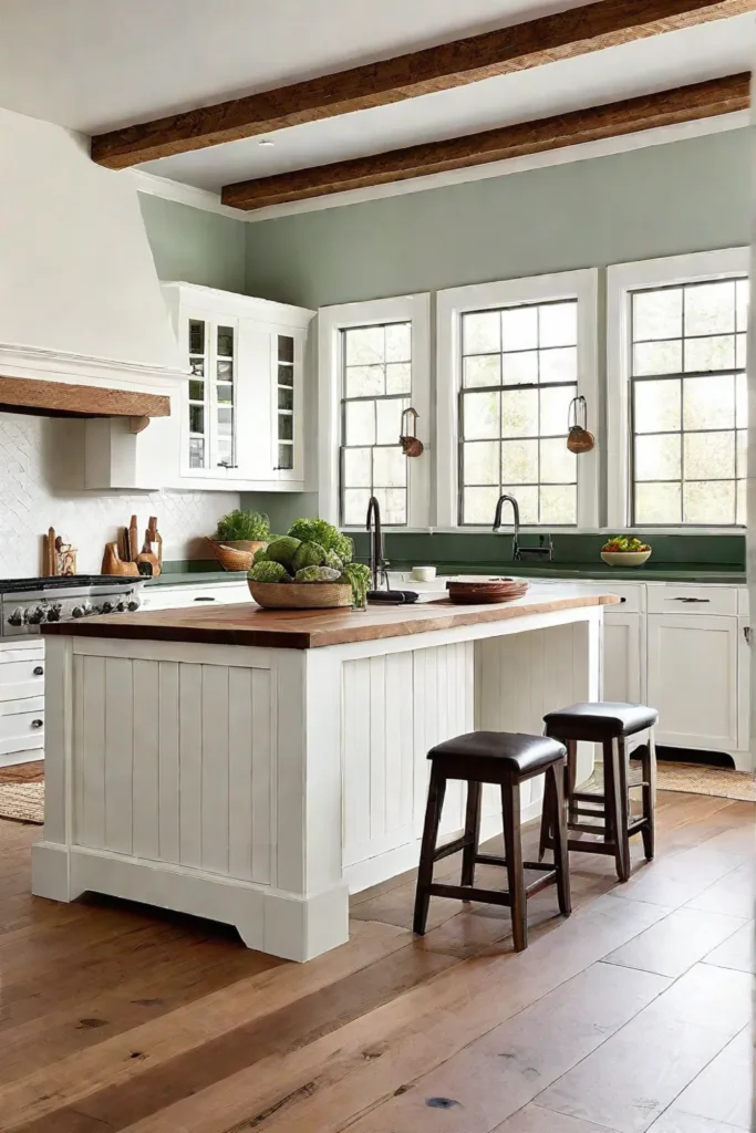 Farmhouse kitchen with white cabinets and butcher block countertops