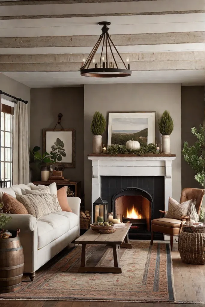 Farmhouse living room with cozy fireplace and vintage furniture