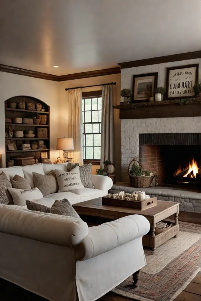 Farmhouse living room with fireplace and slipcovered sofa