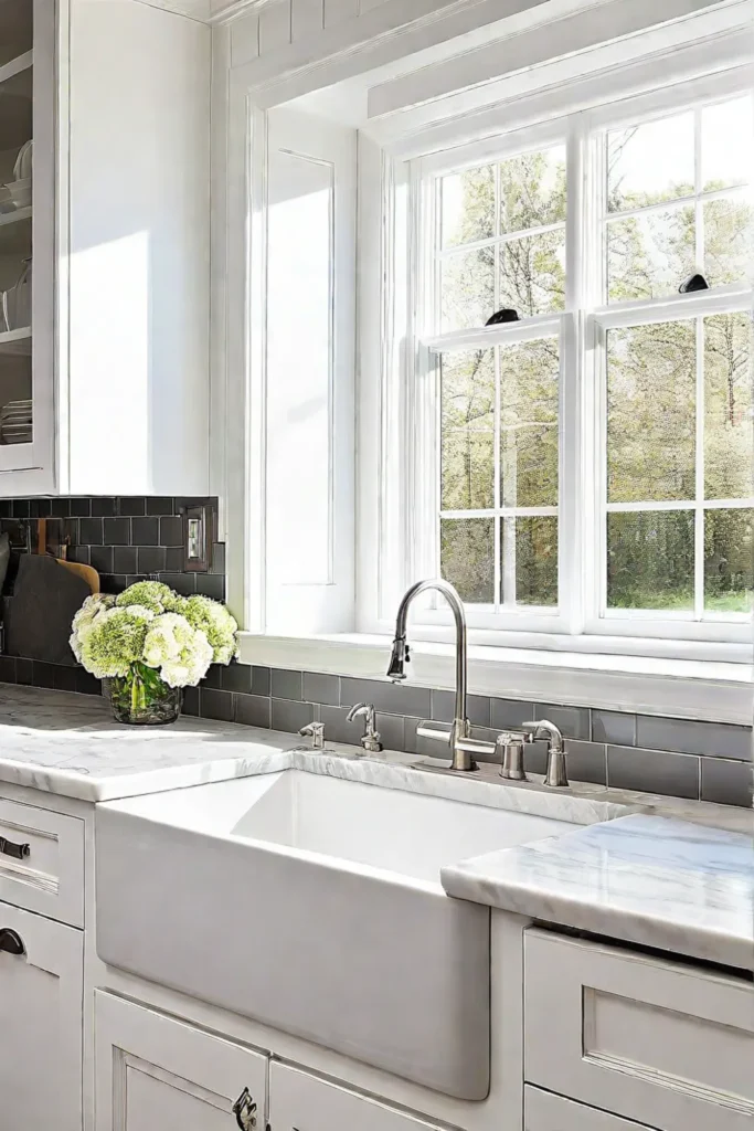 Farmhouse sink and vintage faucet in a modern kitchen