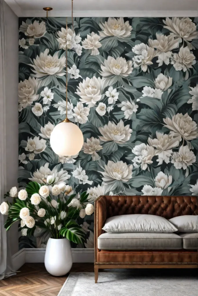 Floral wallpaper creating a serene living room atmosphere