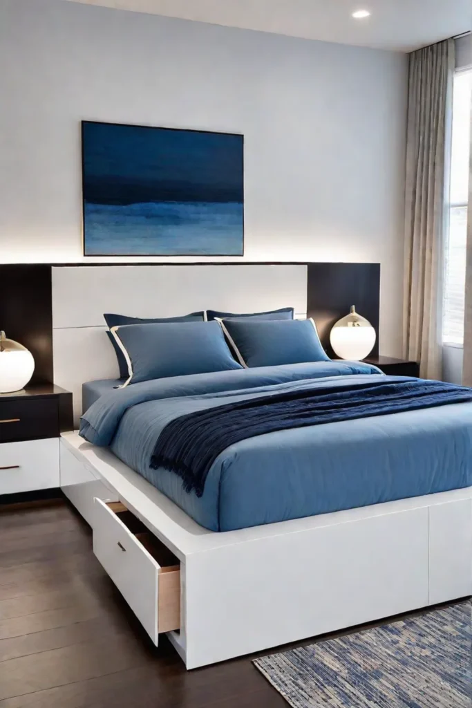 Functional bedroom with abstract art and blue accents