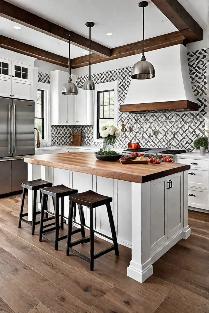 Geometric backsplash and stainless steel appliances in a kitchen