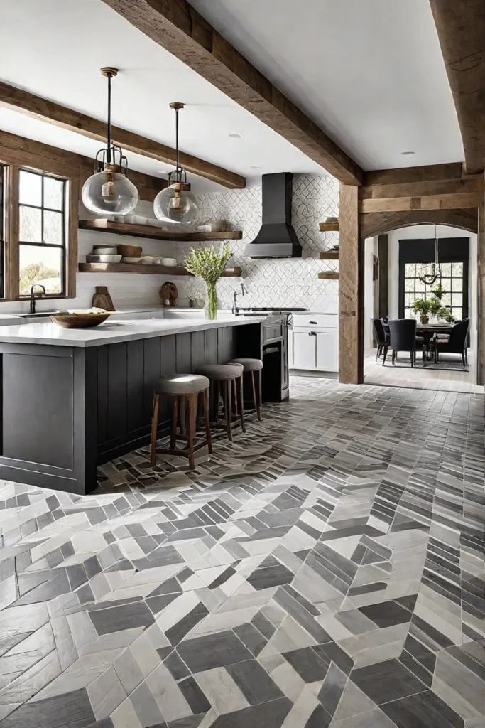 Geometric floor tiles and patterned backsplash in a kitchen