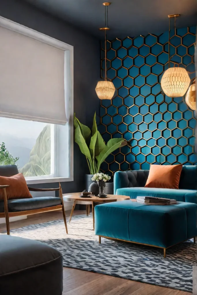 Geometric honeycomb pattern accent wall in a modern living room