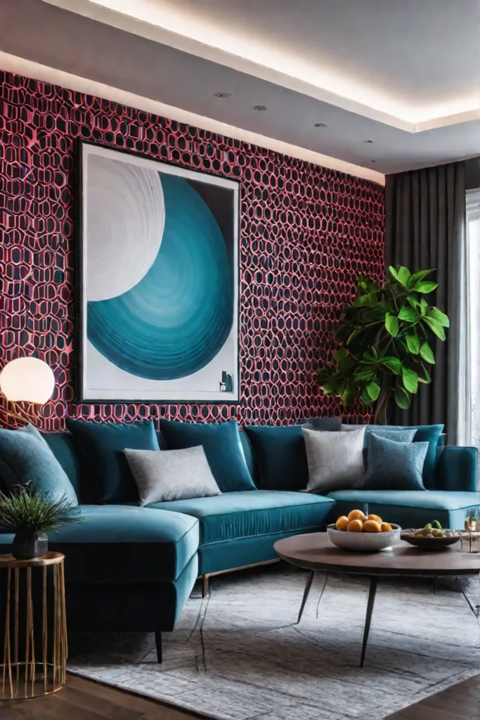 Geometric wallpaper adding vibrancy to a living room