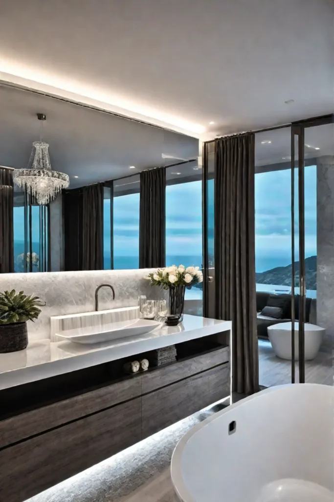 Glamorous bathroom with mirrored vanity and chandelier