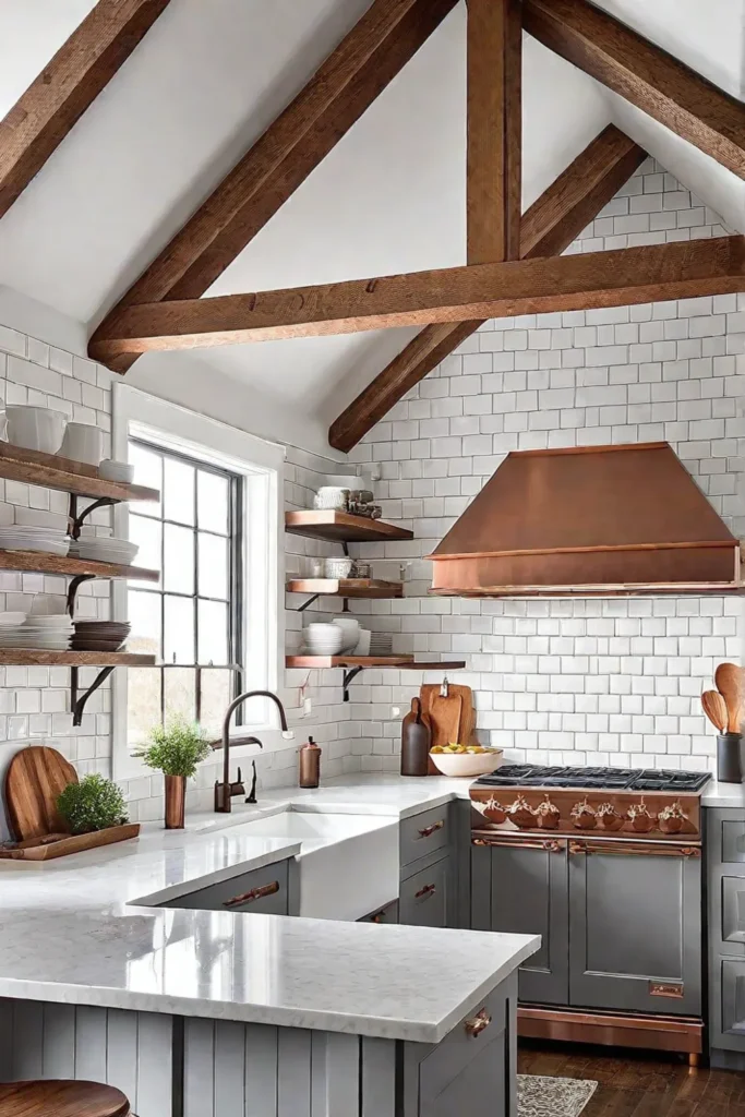 Gray cabinets and copper accents in a farmhouse kitchen